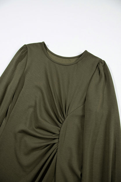 Jungle green ruched puff sleeve midi dress with flattering waist and boutique style
