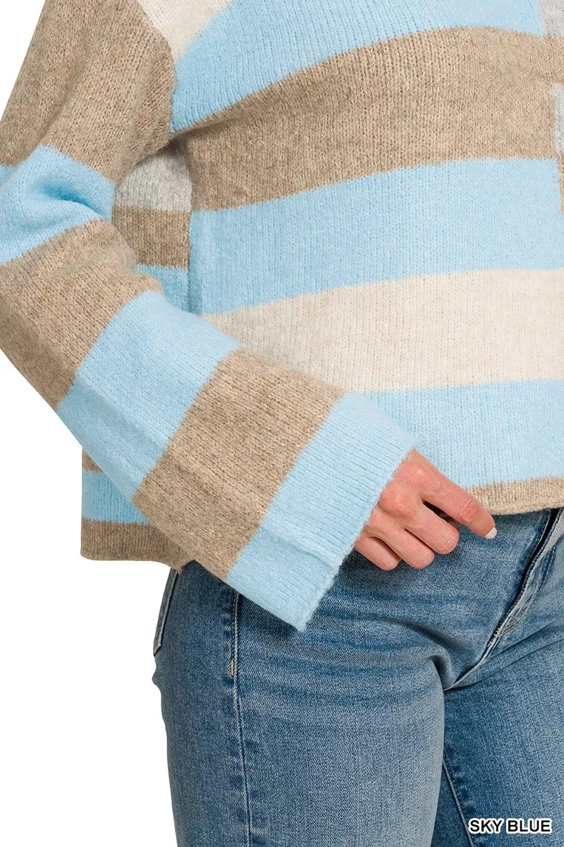 Sky blue color block wool blend sweater with ribbed trim and relaxed fit - view 7