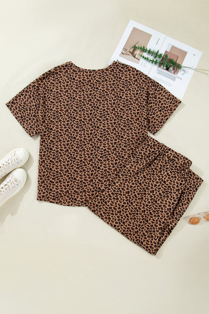 plus size brown leopard short sleeve top and pleated pants set