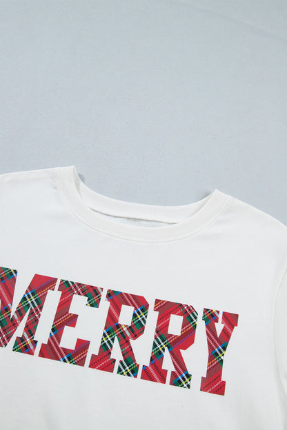 White Christmas Plaid MERRY Graphic Top & Shorts Set with plaid detail women's boutique fashion