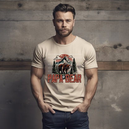 Papa Bear graphic t-shirt for dads, featuring bold rustic text on a soft unisex tee – great Father’s Day gift idea