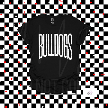 BULLDOGS Graphic Tee – Oversized Athletic Font | Red or Black Gildan