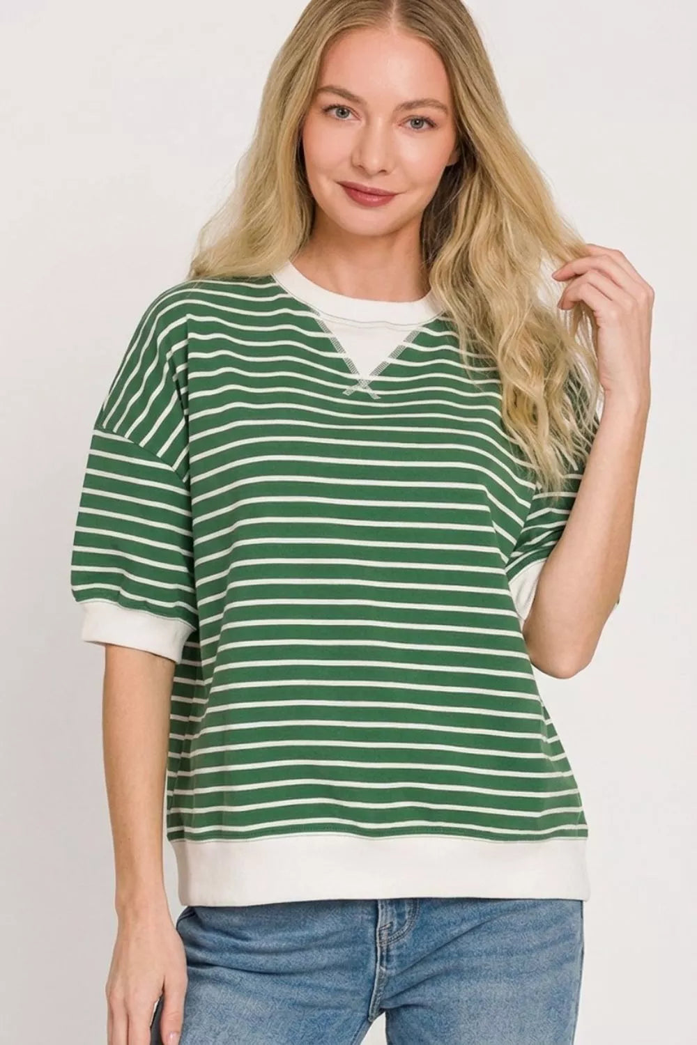 Zenana Striped Rib Banded Sweatshirt boutique fashion apparel with stylish details and comfortable fit