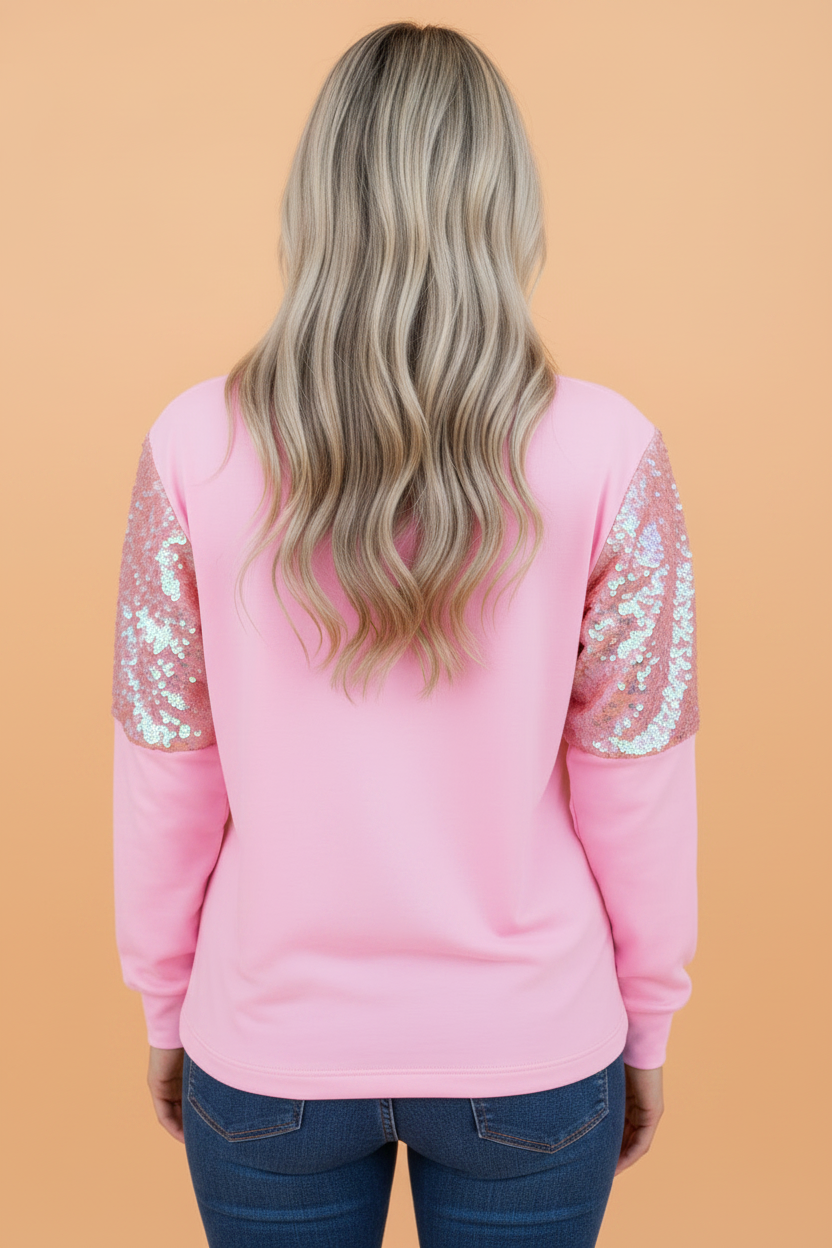 Pink Sequin Sleeve Pullover Sweater with sparkly sequin sleeves and a relaxed fit for festive or everyday outfits, boutique fashion