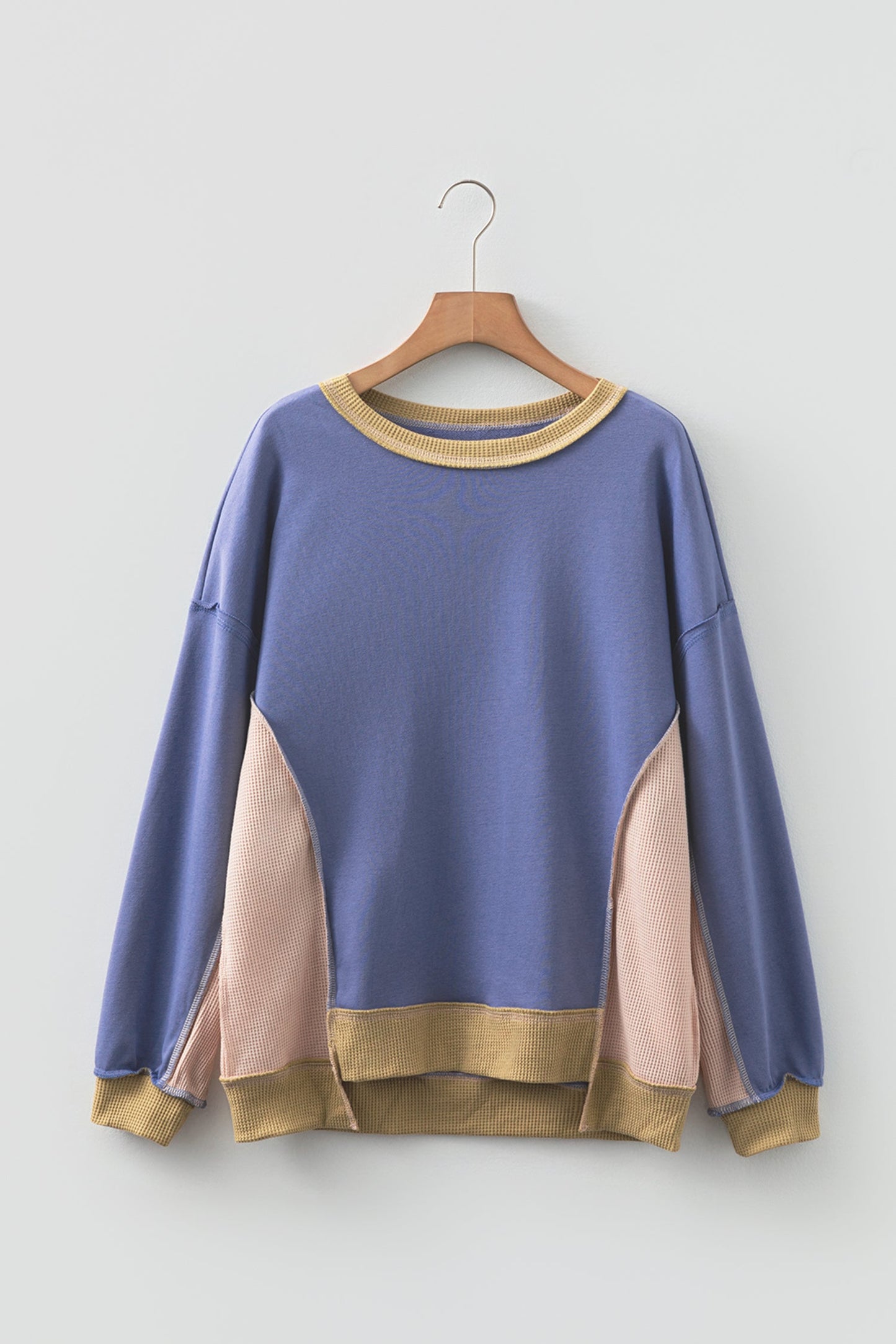 Wild Wind colorblock waffle knit reverse seam oversized sweatshirt with boutique fashion styling