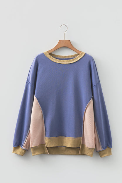 Wild Wind colorblock waffle knit reverse seam oversized sweatshirt with boutique fashion styling