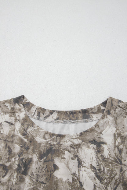 Plus size khaki woodland camouflage short sleeve drop shoulder T-shirt with relaxed fit
