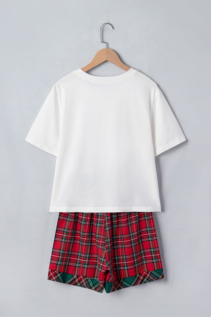 White Christmas Plaid MERRY Graphic Top & Shorts Set with plaid detail women's boutique fashion