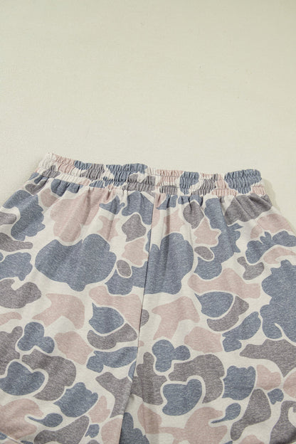 Multicolour Mya multicolor camo tee and shorts set with loose fit, elastic waist shorts, and relaxed boutique loungewear style