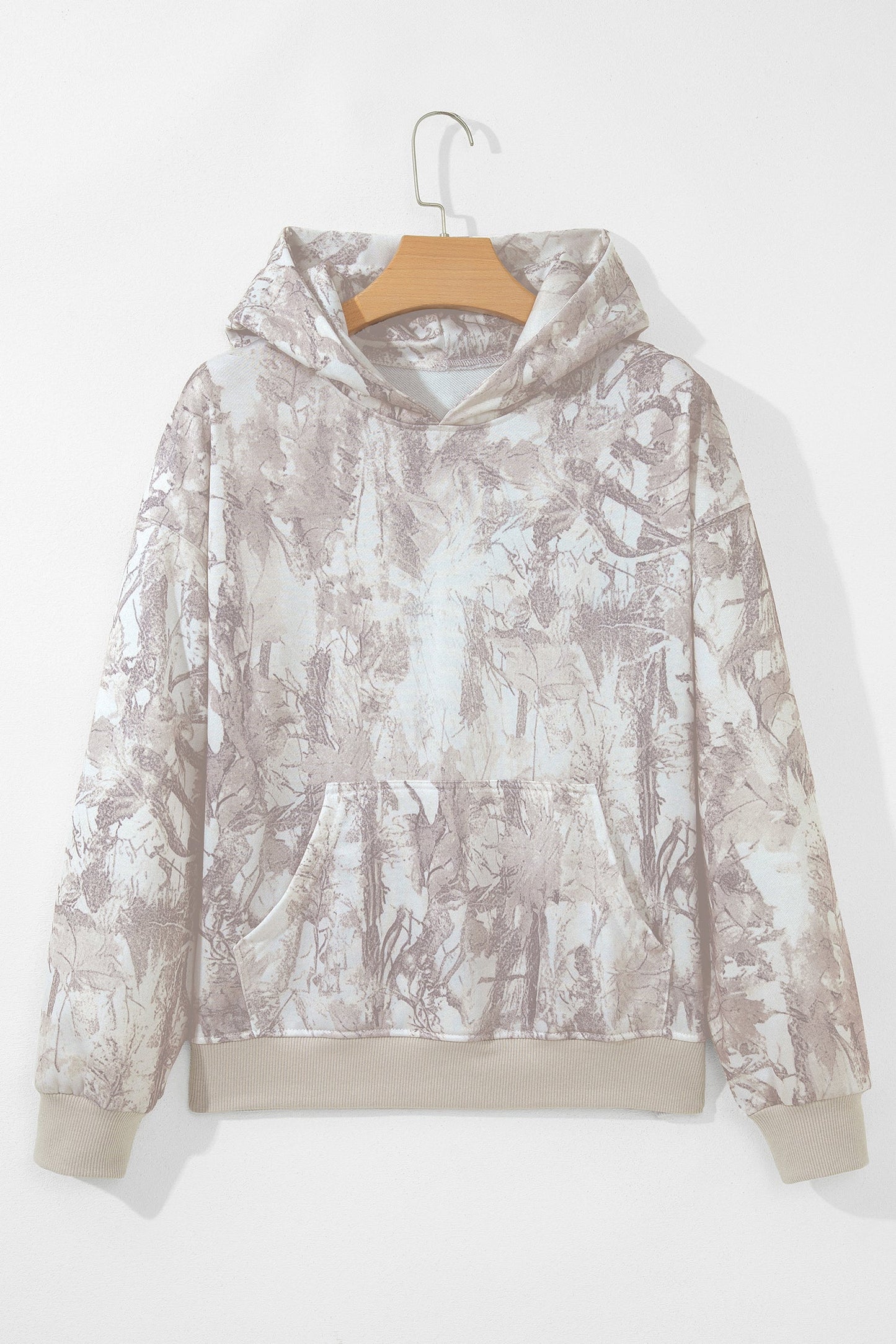 Gray Abstract Camo Ribbed Trim Kangaroo Pocket Hoodie with camo print and kangaroo pocket women's boutique fashion