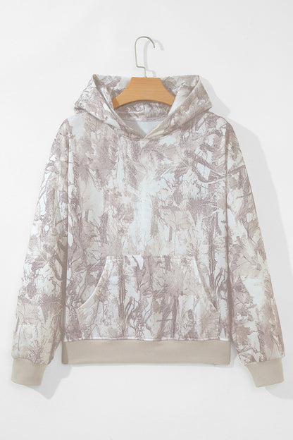 Gray Abstract Camo Ribbed Trim Kangaroo Pocket Hoodie with camo print and kangaroo pocket women's boutique fashion