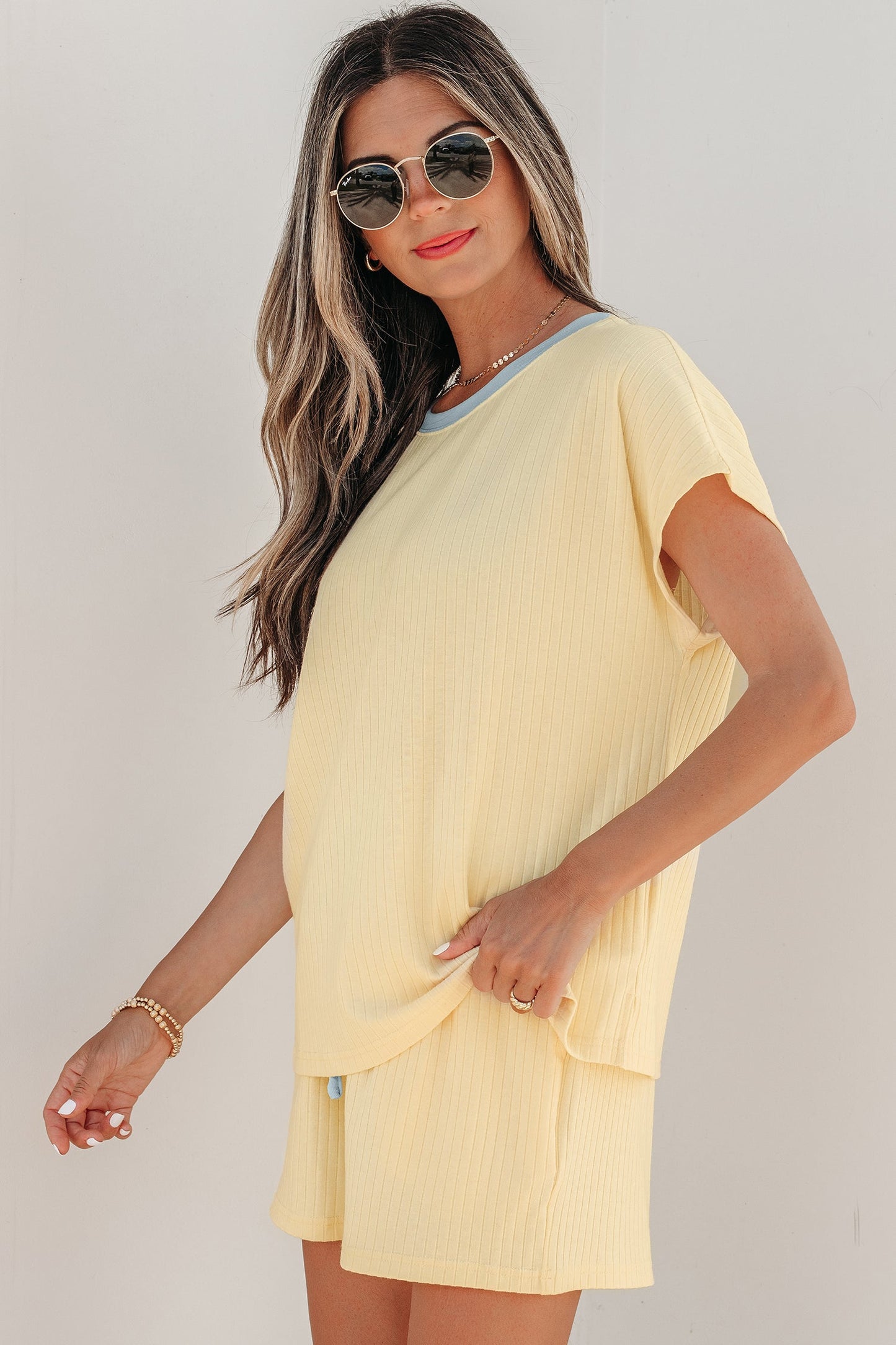 Colorblock Trim Ribbed Top & Shorts Set