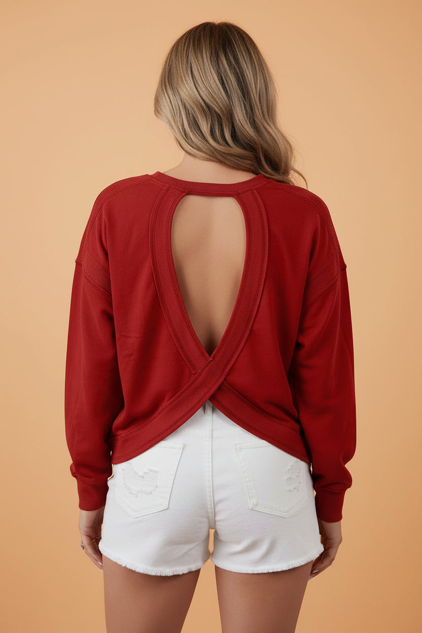 Racing Red Ribbed Drop Shoulder Cutout Back Sweatshirt with ribbed texture, a relaxed drop shoulder, and a chic cutout back, boutique fashion