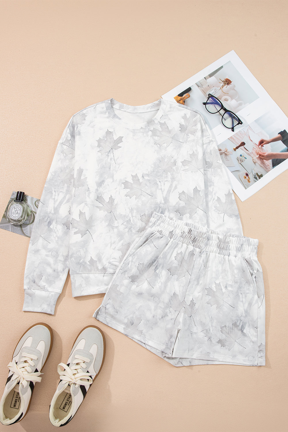Beige camo abstract short sleeve top and elastic waist shorts set boutique loungewear outfit