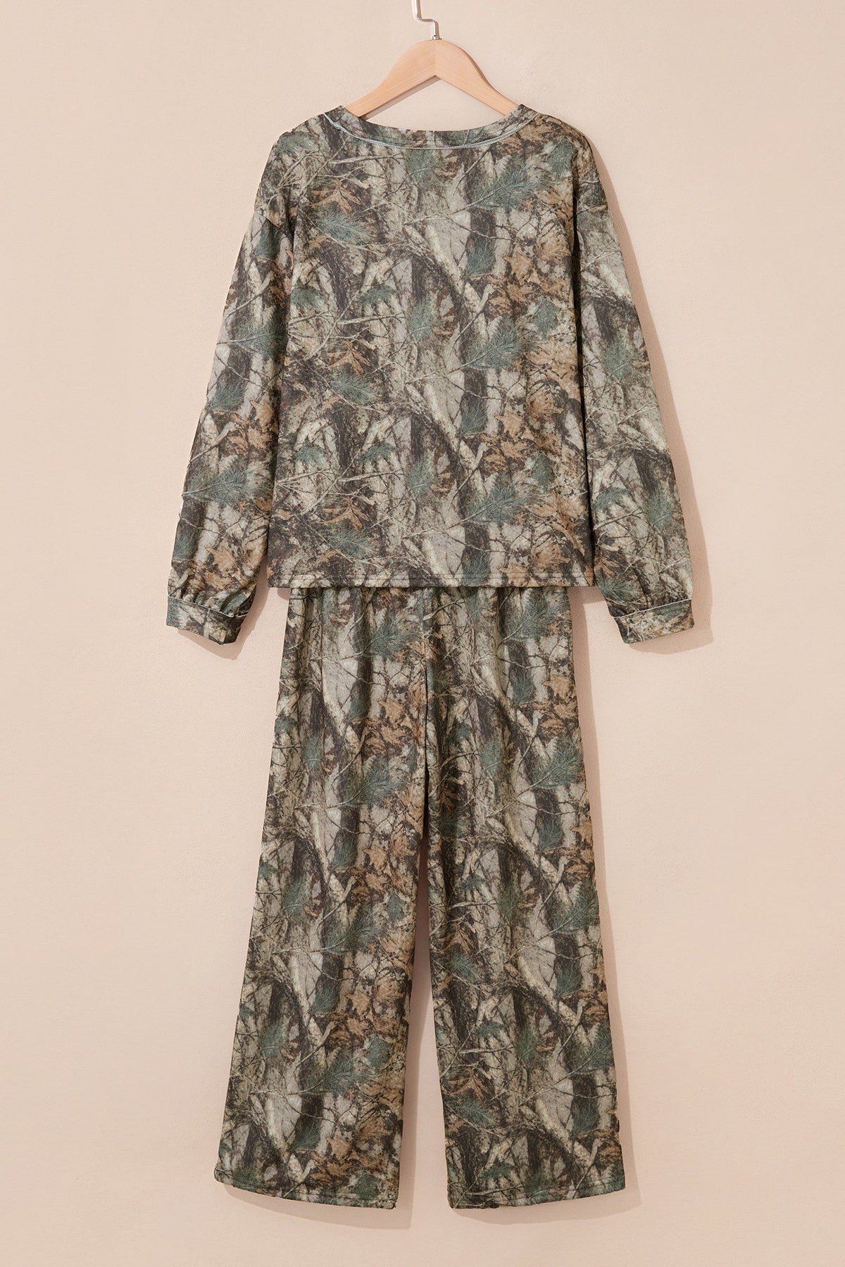 green woodland camo long sleeve top and pants two-piece boutique outfit
