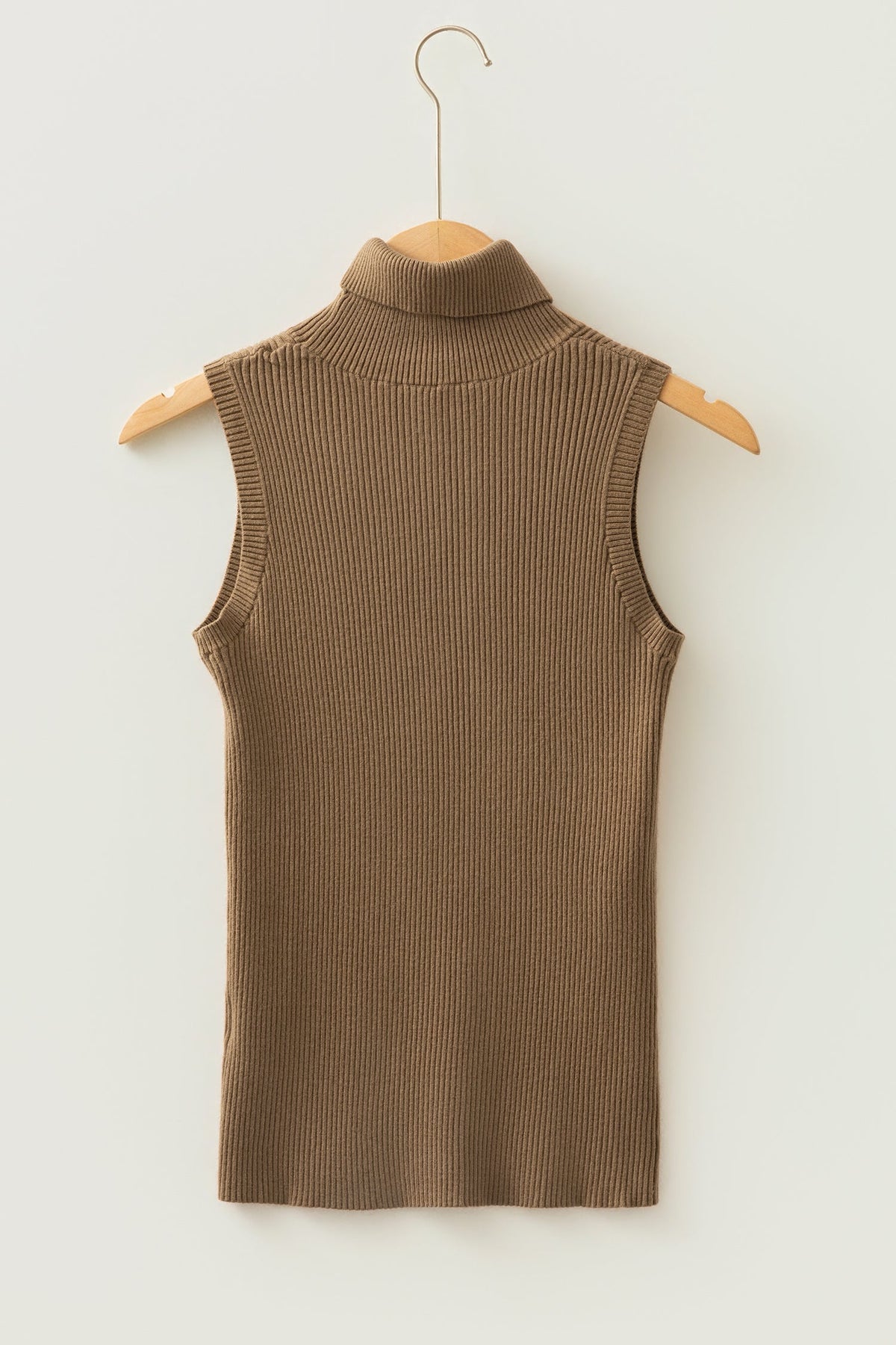 light French beige ribbed knit sleeveless turtleneck boutique top