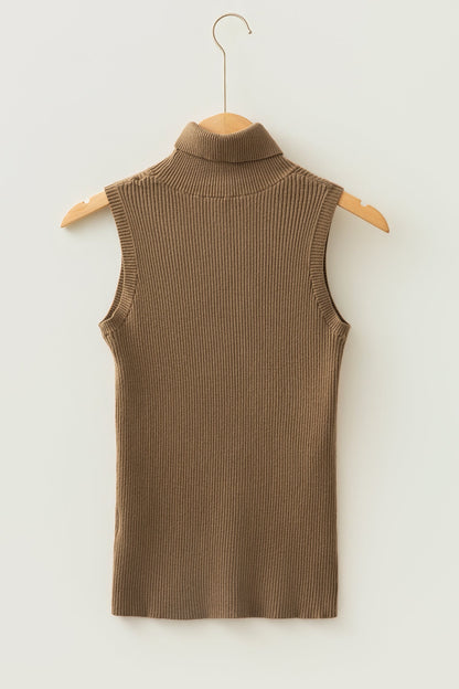 light French beige ribbed knit sleeveless turtleneck boutique top