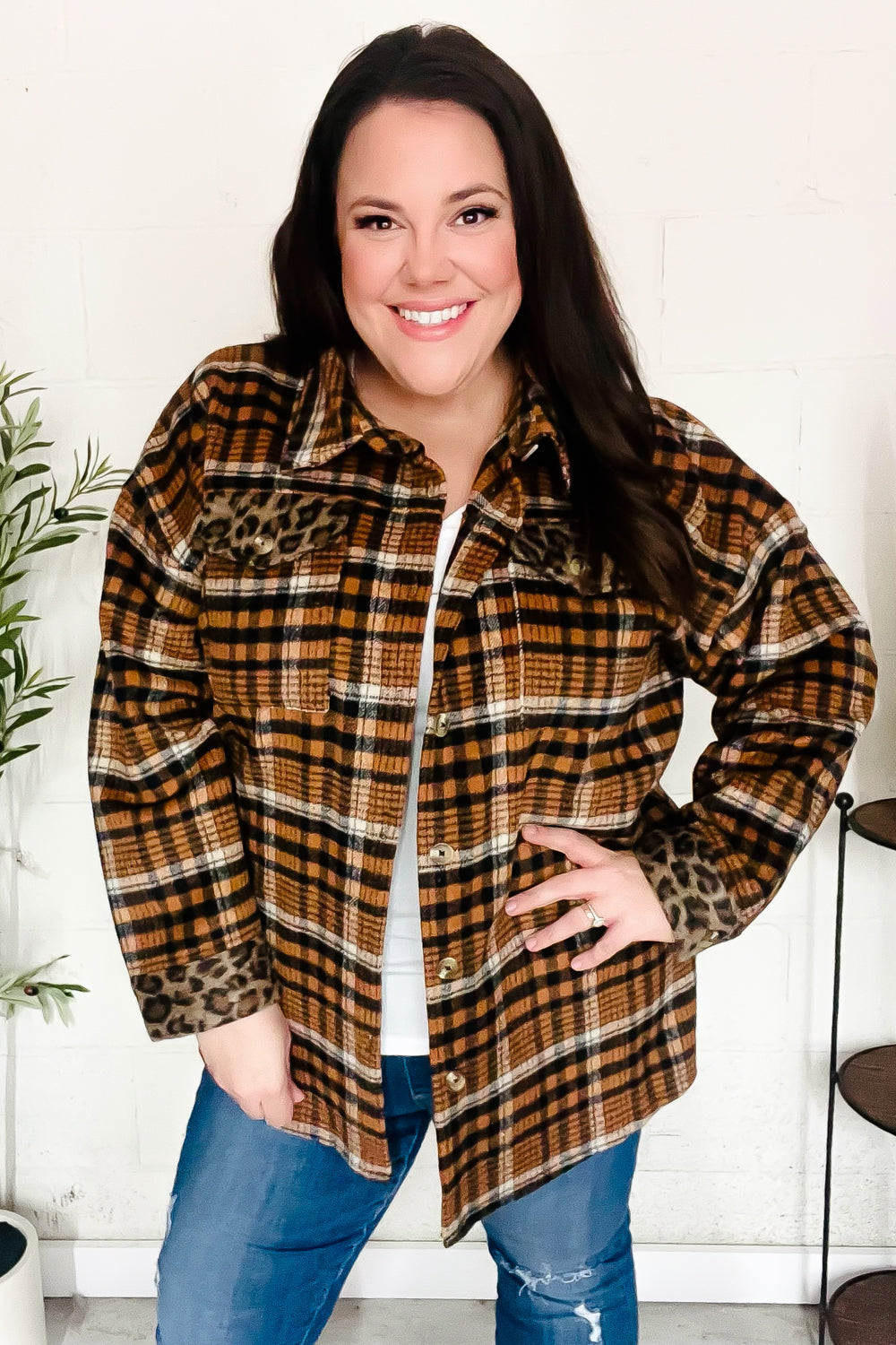 Haptics Rust Plaid & Animal Print Button Down Jacket