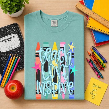 Teach Love Inspire Crayon Teacher Graphic Tee