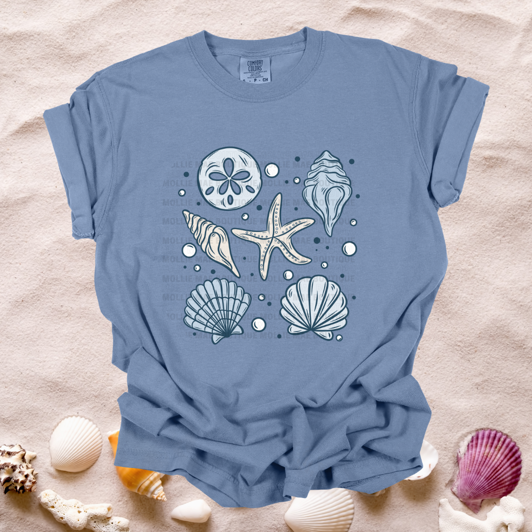 Blue and Tan Sea Shells Tshirt