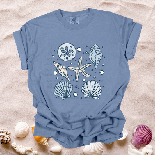 Blue and Tan Sea Shells Tshirt
