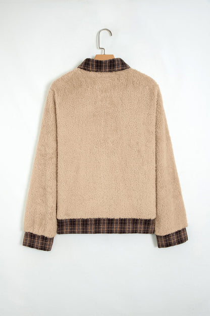 Plaid Patchwork Polo Collar Fleece Sweatshirt