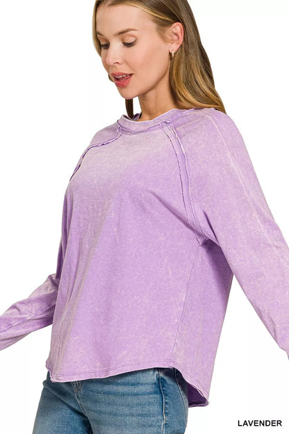 Lavender washed cotton long sleeve top with crew neck, exposed seams, and raw hem - view 2