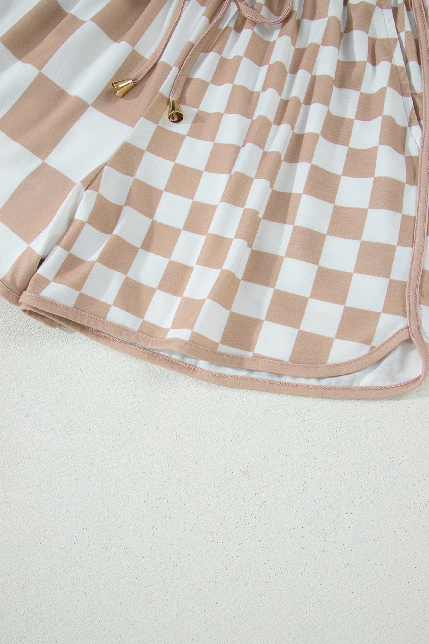 khaki checker patchwork beaded drawstring shorts for women