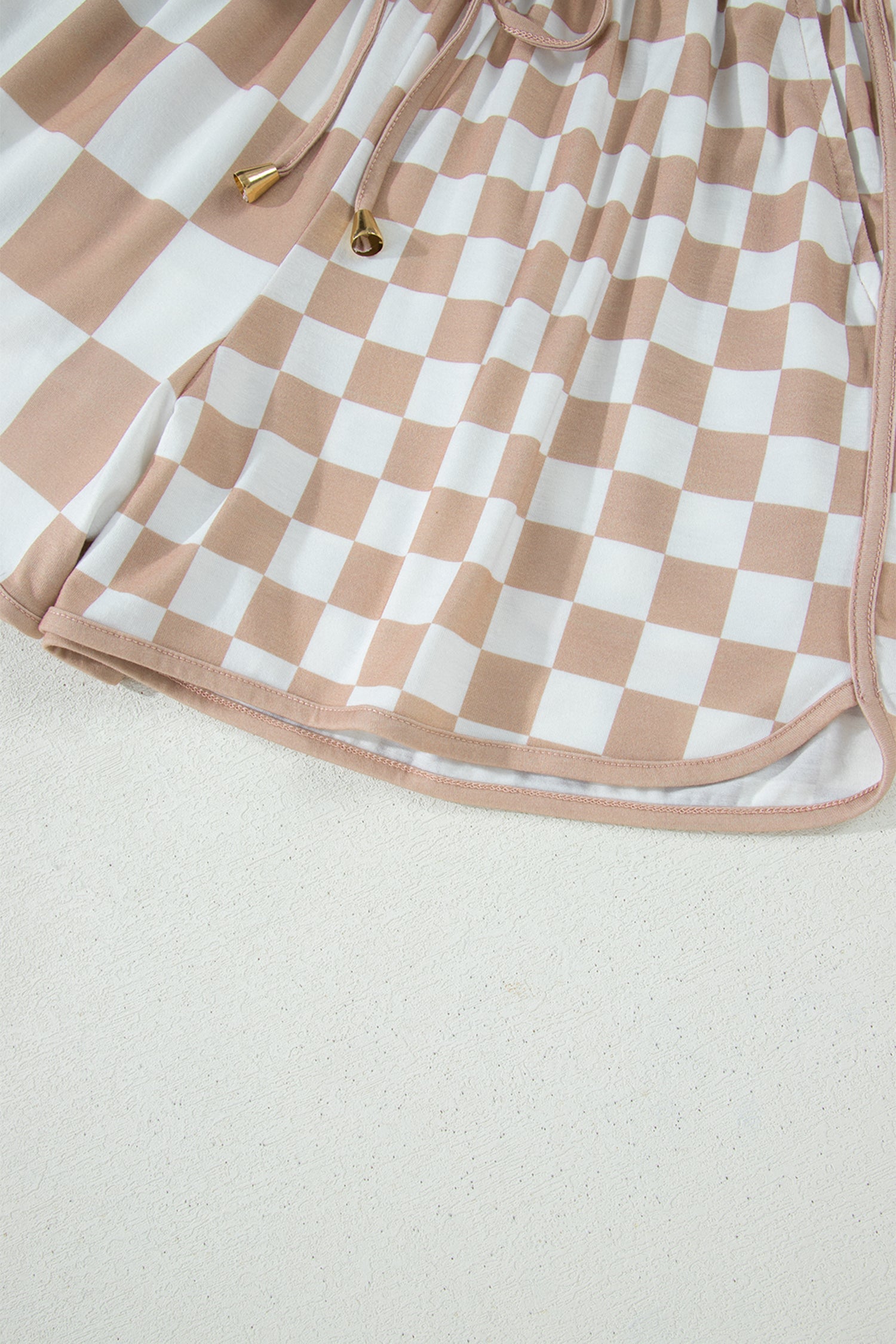 khaki checker patchwork beaded drawstring shorts for women