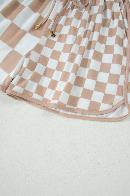 khaki checker patchwork beaded drawstring shorts for women