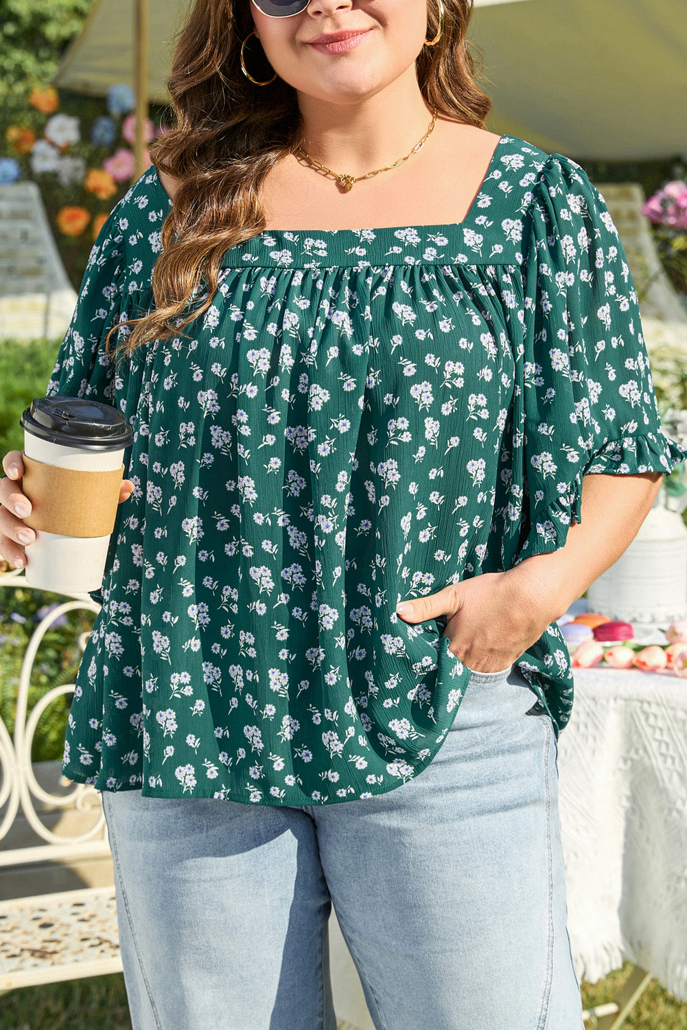 Adelynn Square Ruffled Trim PLUS Blouse boutique clothing from Mollie Mae Boutique