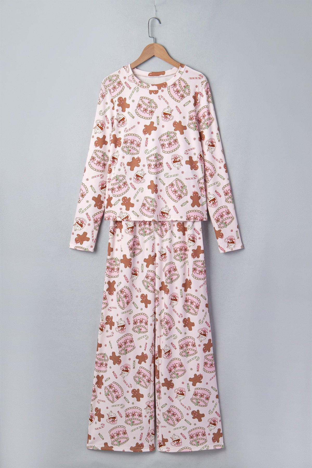 pink Christmas ribbed knit pajama set with gingerbread print and pants boutique loungewear