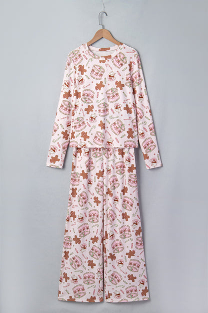 pink Christmas ribbed knit pajama set with gingerbread print and pants boutique loungewear