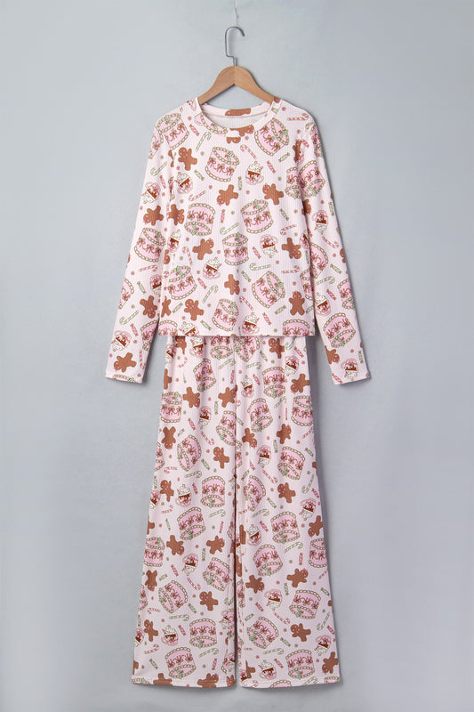 pink Christmas ribbed knit pajama set with gingerbread print and pants boutique loungewear