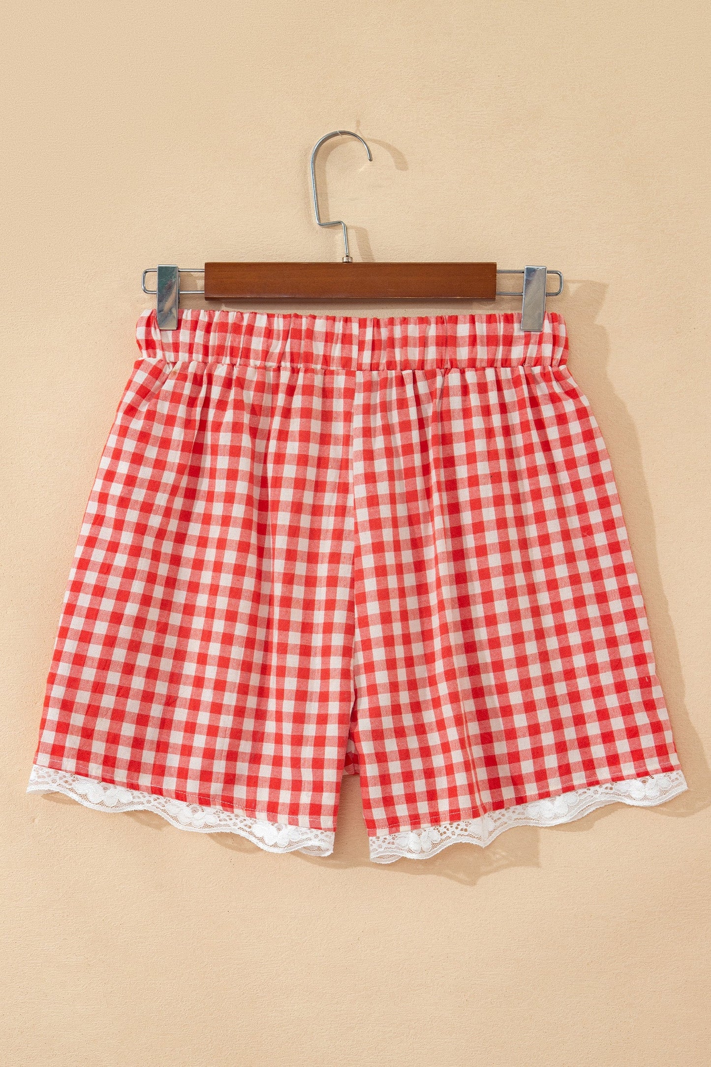Red gingham plaid tie waist lace hem shorts with feminine boutique summer style