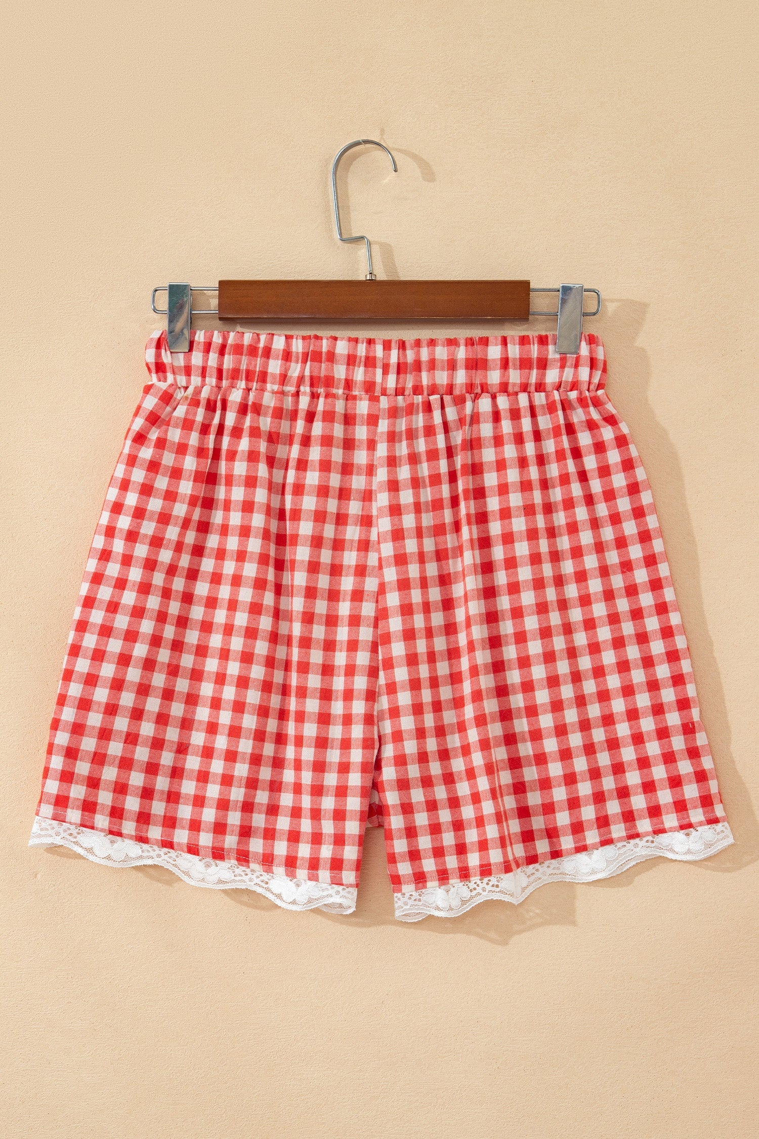 Red gingham plaid tie waist lace hem shorts with feminine boutique summer style