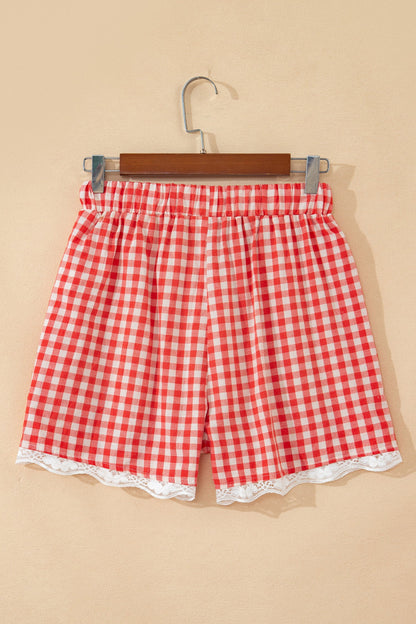 Red gingham plaid tie waist lace hem shorts with feminine boutique summer style