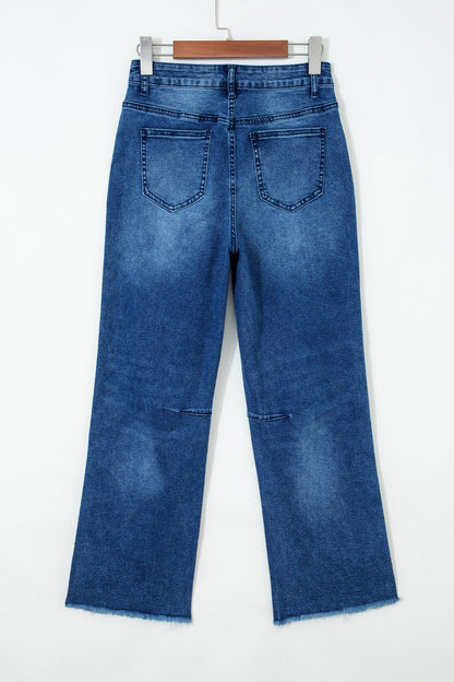 sail blue denim frayed hem cropped straight leg jeans for women