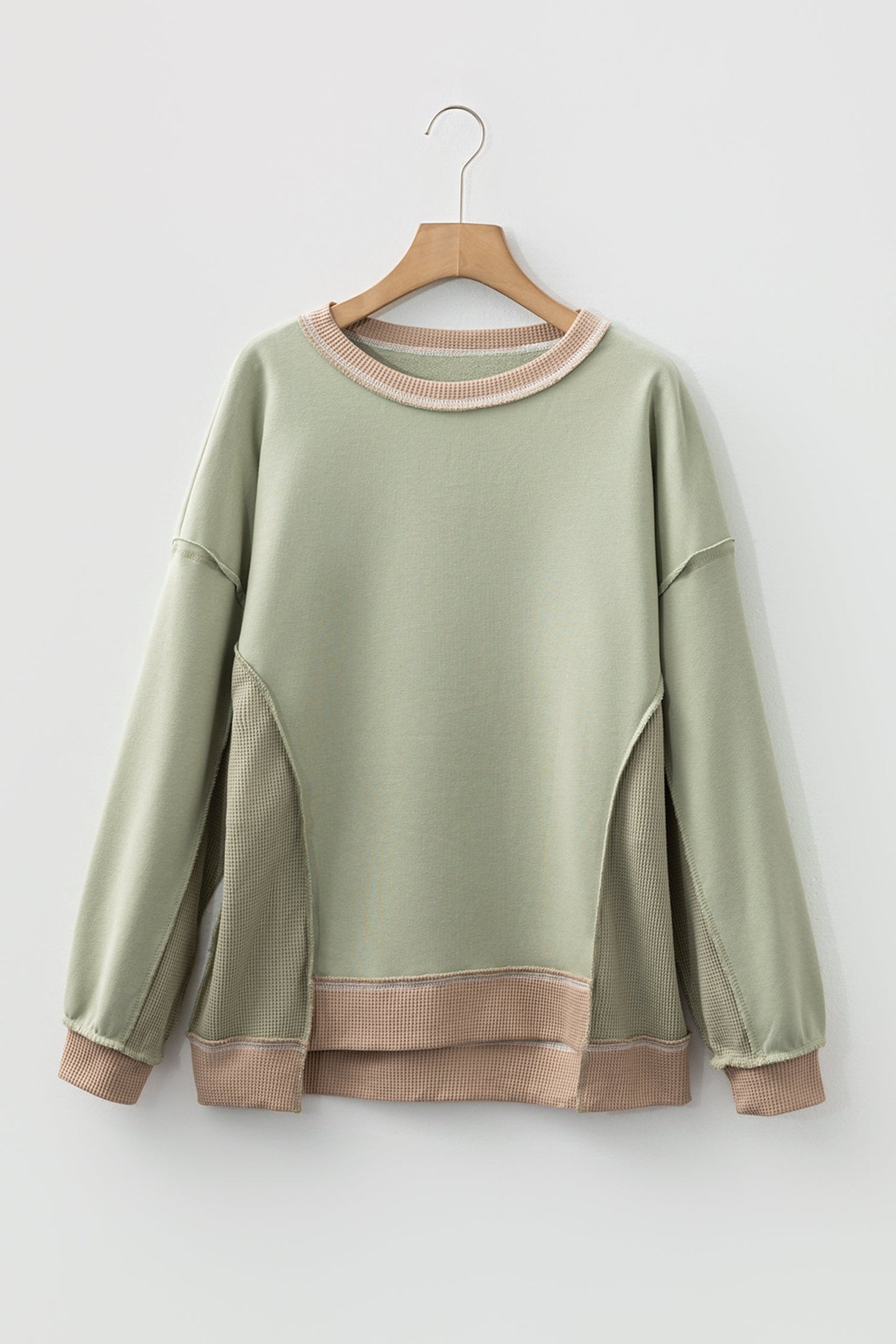 Smoke Green colorblock waffle knit reverse seam oversized sweatshirt with boutique fashion styling