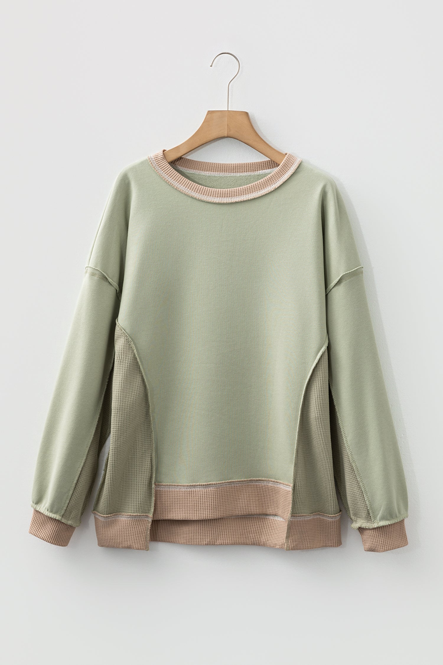 Smoke Green colorblock waffle knit reverse seam oversized sweatshirt with boutique fashion styling