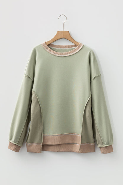 Smoke Green colorblock waffle knit reverse seam oversized sweatshirt with boutique fashion styling
