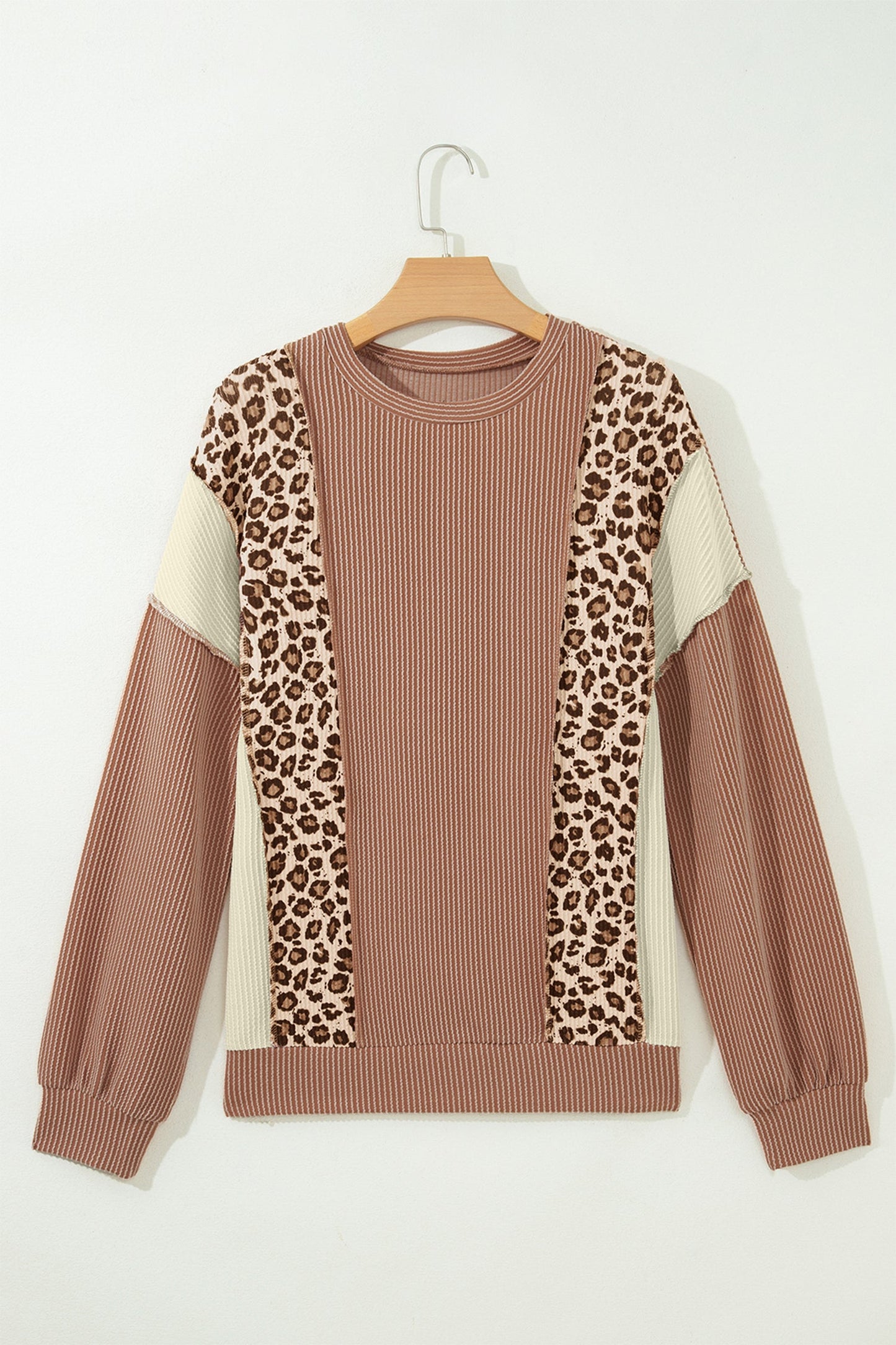 Dune leopard colorblock corded knit long sleeve top with reverse seams and relaxed fit