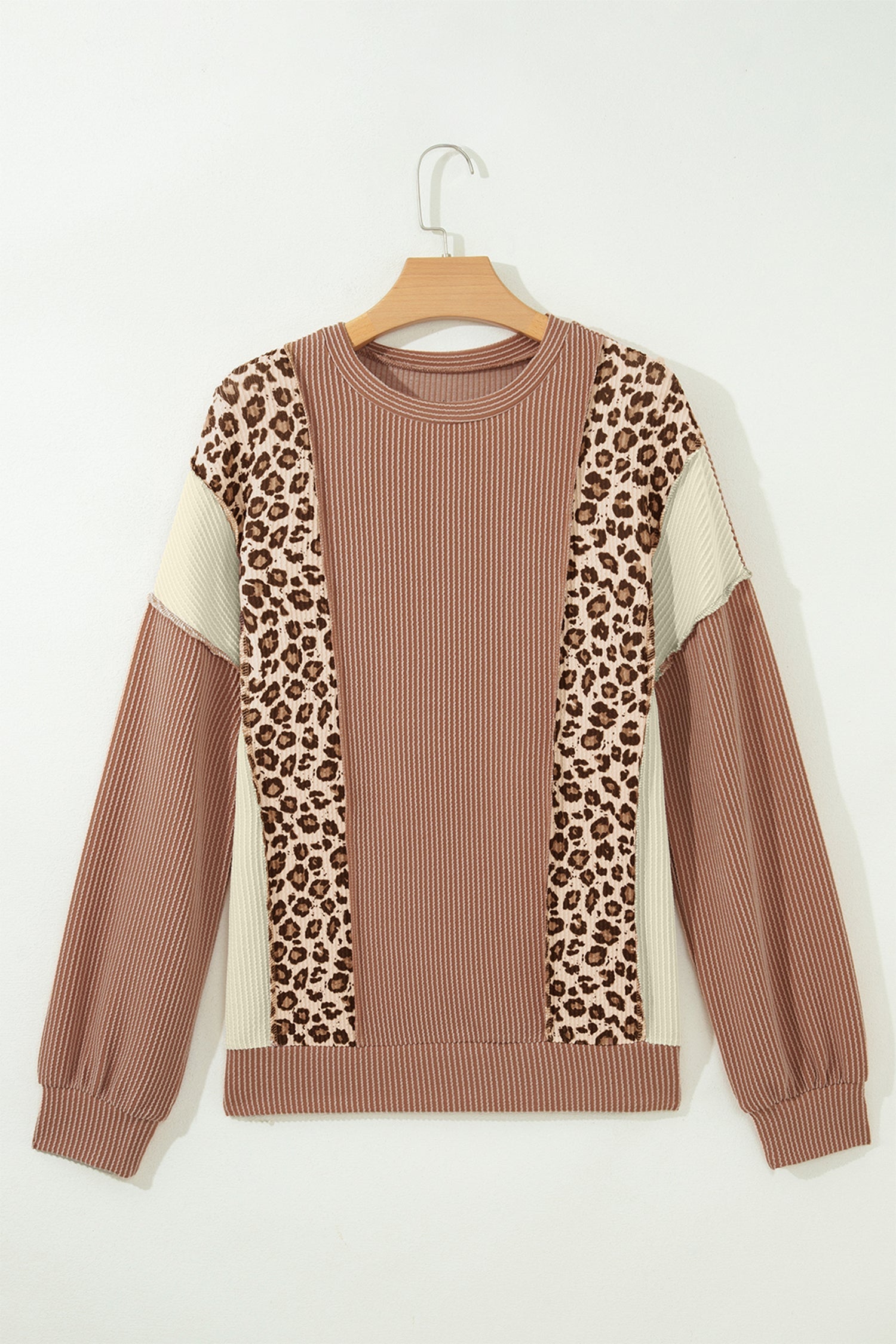 Dune leopard colorblock corded knit long sleeve top with reverse seams and relaxed fit