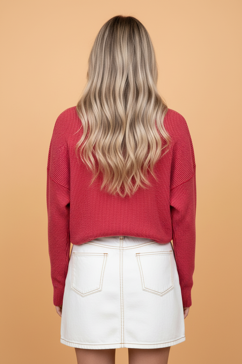 Fiery Red Gingham Patchwork Corded Knit Top with gingham patchwork, corded texture, and cozy casual style, boutique fashion