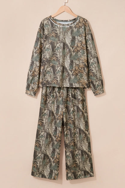 green woodland camo long sleeve top and pants two-piece boutique outfit