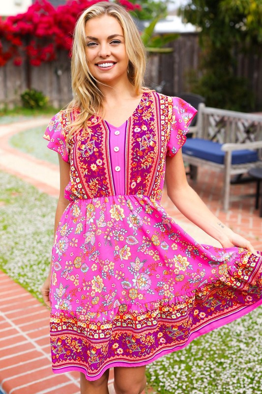 Haptics Fuchsia Boho Floral Button V Neck Ruffle Dress