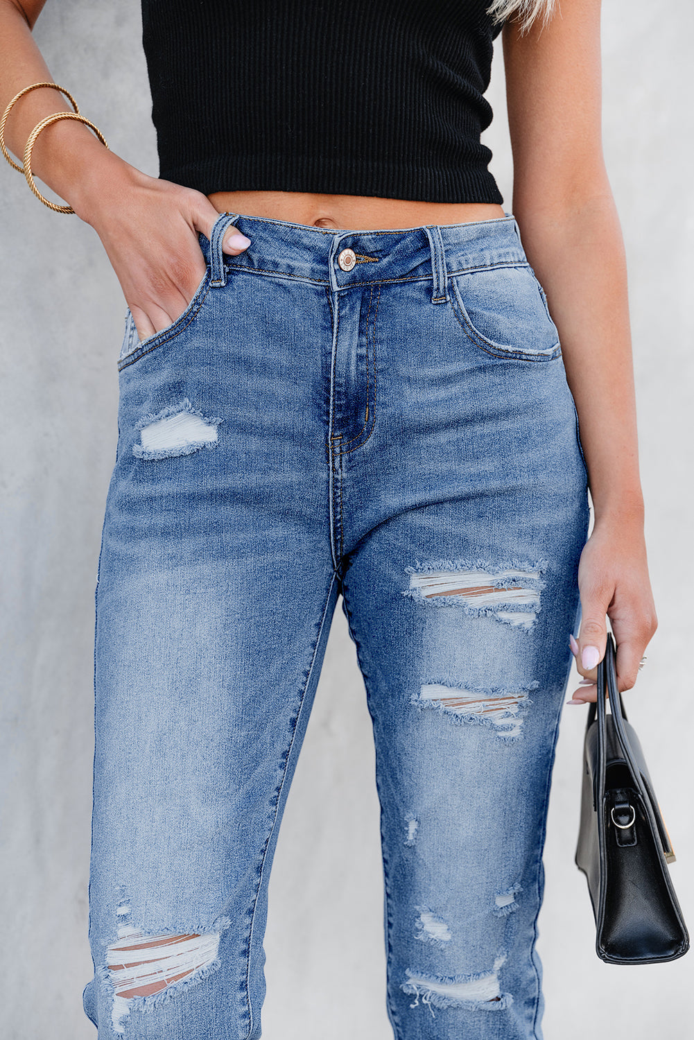 Georgia distressed skinny capri jeans in sky blue washed denim for women