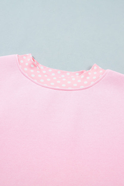 Pink Polka Dot Contrast Trim Mock Neck Sweatshirt with mock neck women's boutique fashion