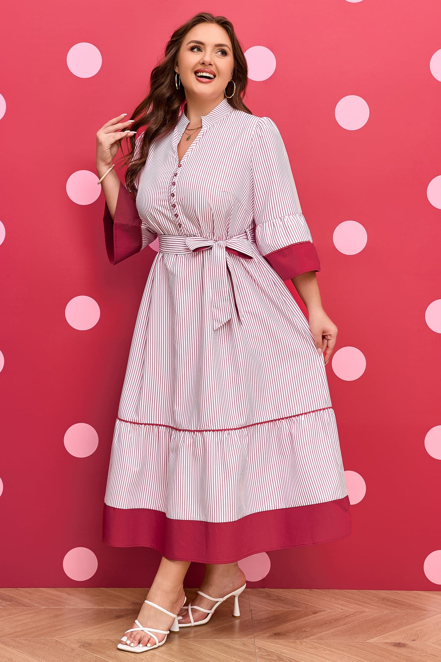 Charlee Hem Pinstriped Midi PLUS Dress boutique clothing from Mollie Mae Boutique