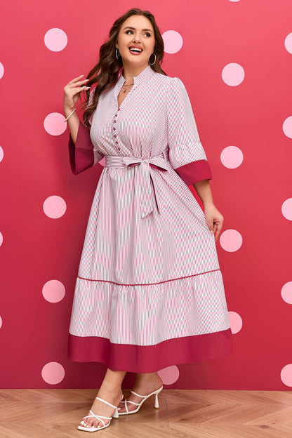 Charlee Hem Pinstriped Midi PLUS Dress boutique clothing from Mollie Mae Boutique